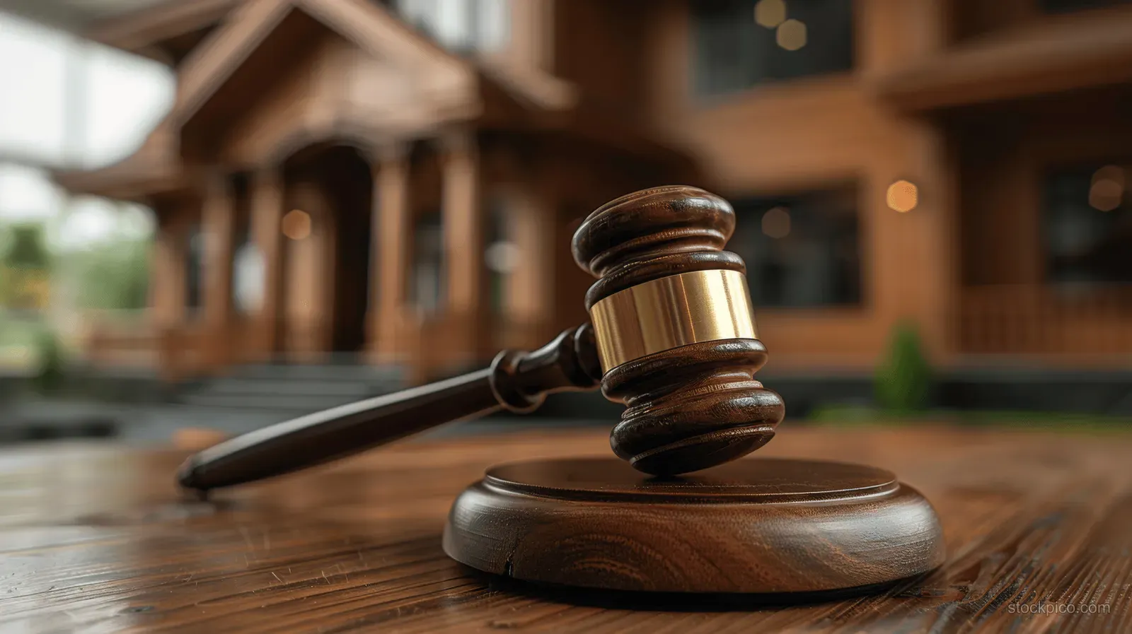 A gavel on a wooden table with a blurred miniature house in the background.