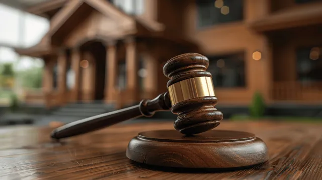A gavel on a wooden table with a blurred miniature house in the background.