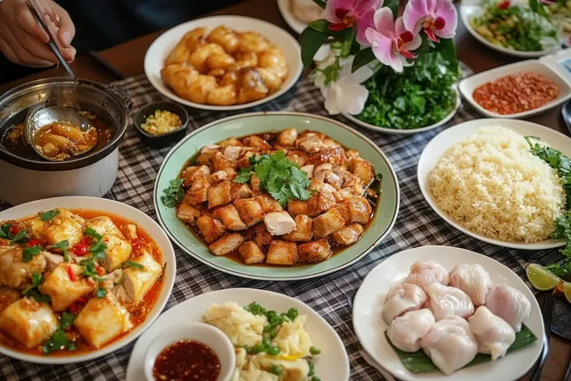 Asian dishes including grilled chicken, dumplings, rice, shrimp, and sauced tofu sit on a plaid tablecloth with sauces.