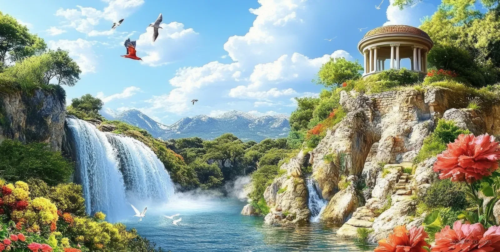 Waterfall flows beside a cliff gazebo surrounded by vibrant flowers and birds over a turquoise river.