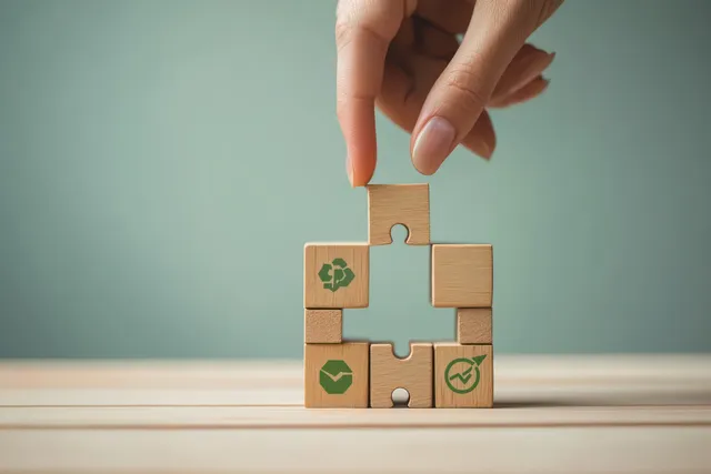 Hand placing recycling symbols blocks into circular economy cube on light wood surface