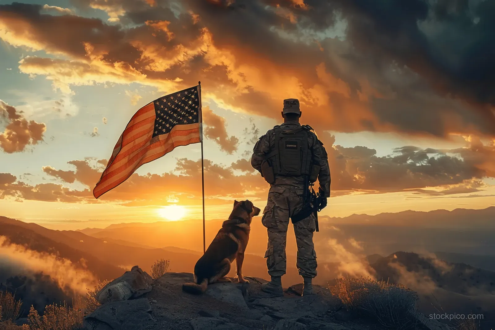 American soldier and German shepherd stand on a mountain ridge while a US flag waves at sunset.