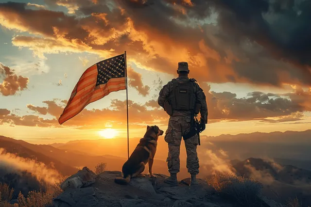 Soldado estadounidense y pastor alemán de pie en una cresta montañosa mientras una bandera de Estados Unidos ondea al atardecer.