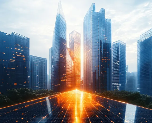 Futuristic glass skyline with glowing orange road lights reflecting between skyscrapers under clouds
