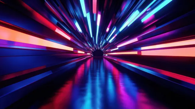 Futuristic neon tunnel stretching forward, blue pink purple light streaks on glossy reflective floor