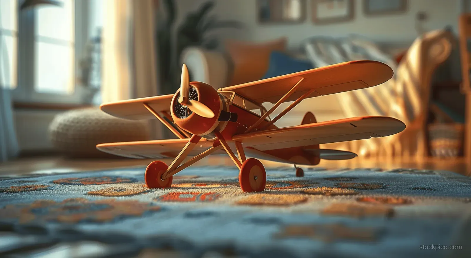 A wooden toy airplane rests on a patterned carpet in a sunlit children’s room with blurred toys in background.