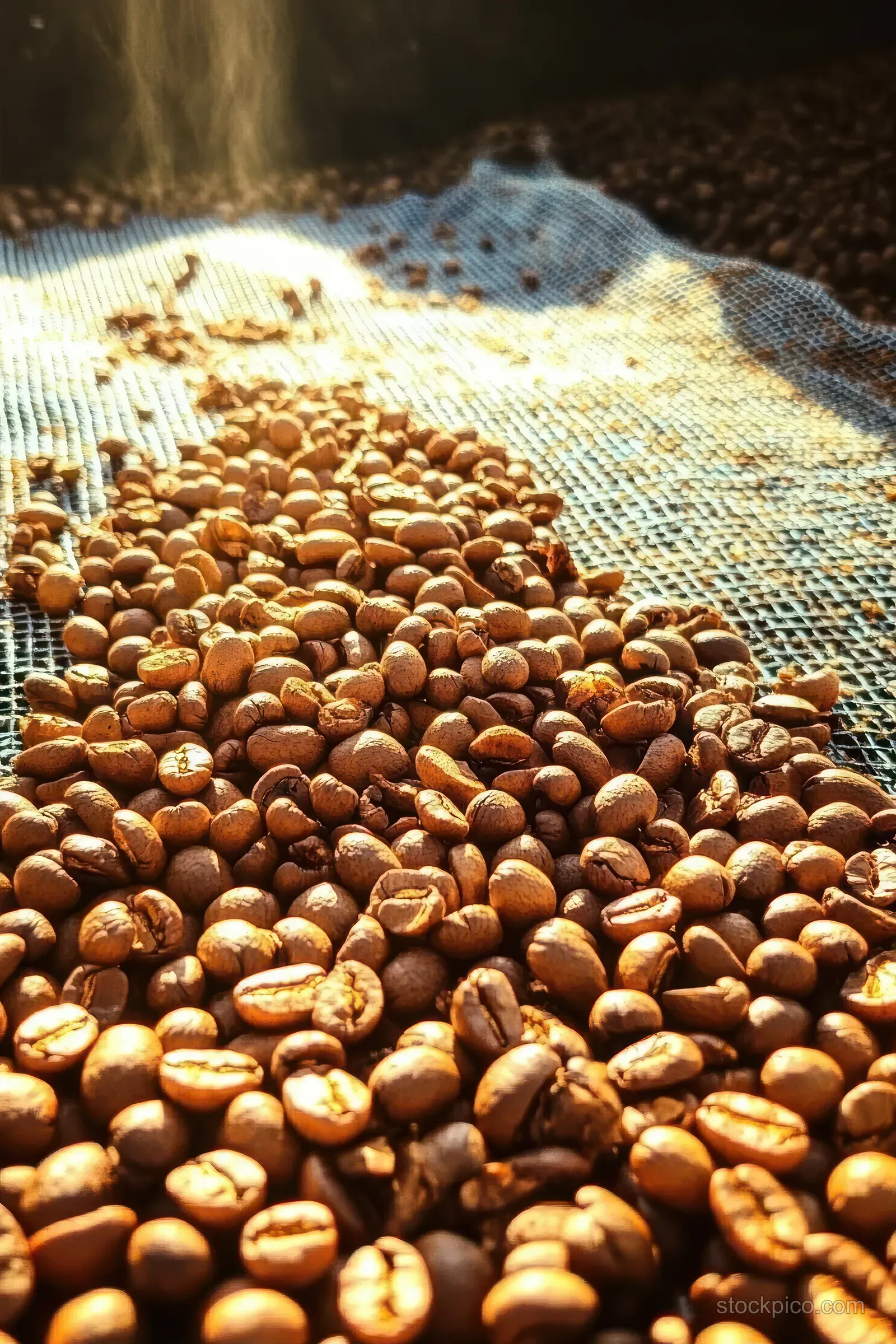 Roasted coffee beans scattered on blue woven fabric in warm sunlight showing detailed brown texture.