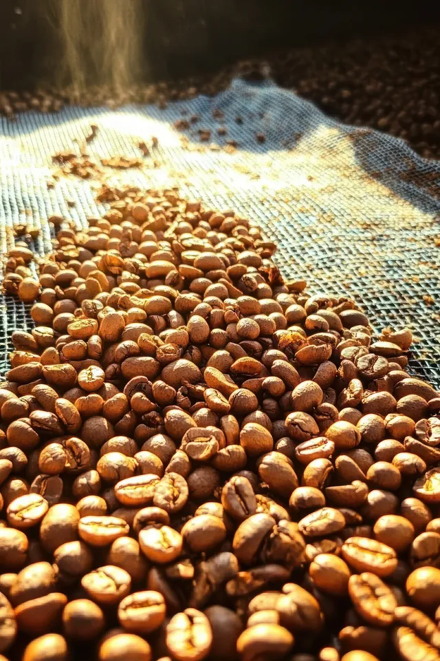 Roasted coffee beans scattered on blue woven fabric in warm sunlight showing detailed brown texture.