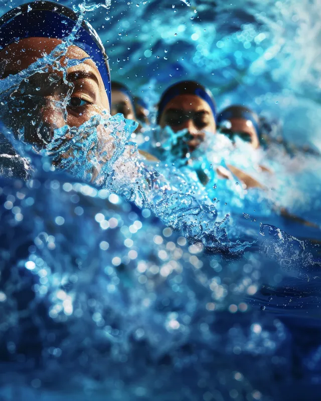 Japanese artistic swimmers execute a synchronized free routine amid deep blue splashing water