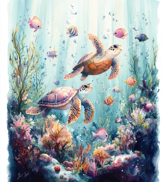 Sea turtles swim over coral and sea plants underwater while small fish move through floating bubbles.