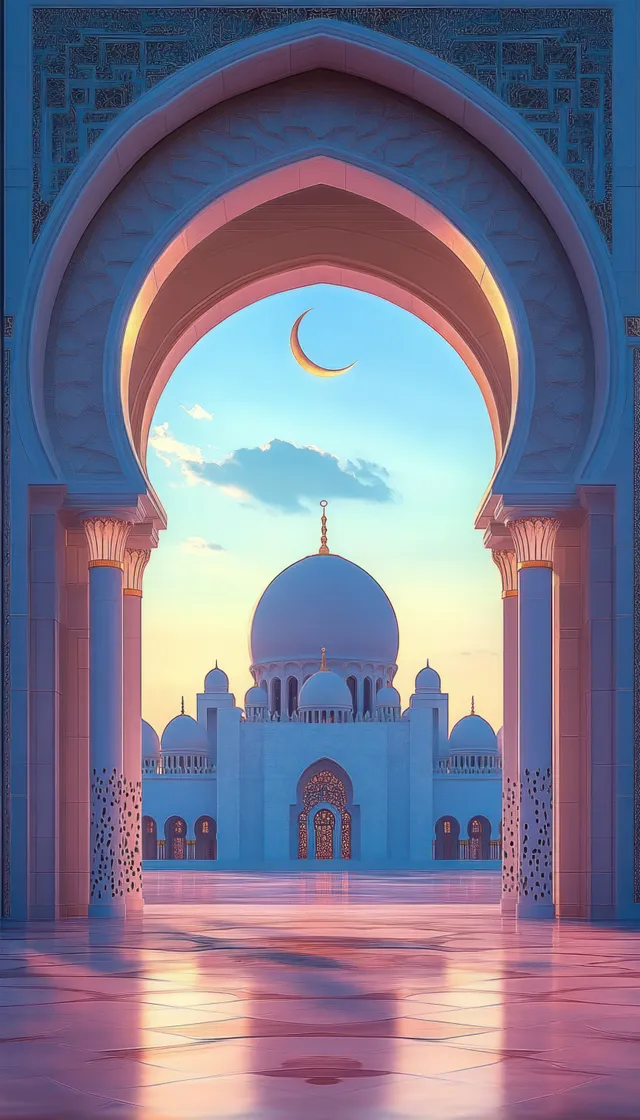 Ornate archway frames a grand mosque as the sunset sky shows a crescent moon above a reflective courtyard.