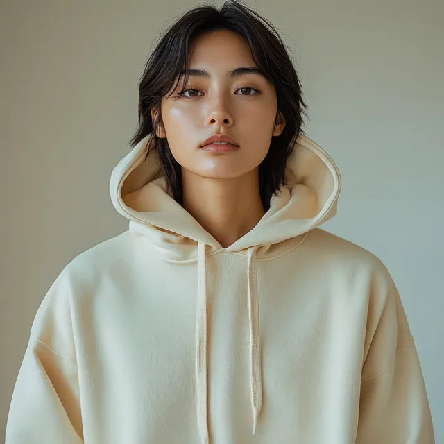 Young woman wearing a beige oversized hoodie standing indoors against a soft neutral background.