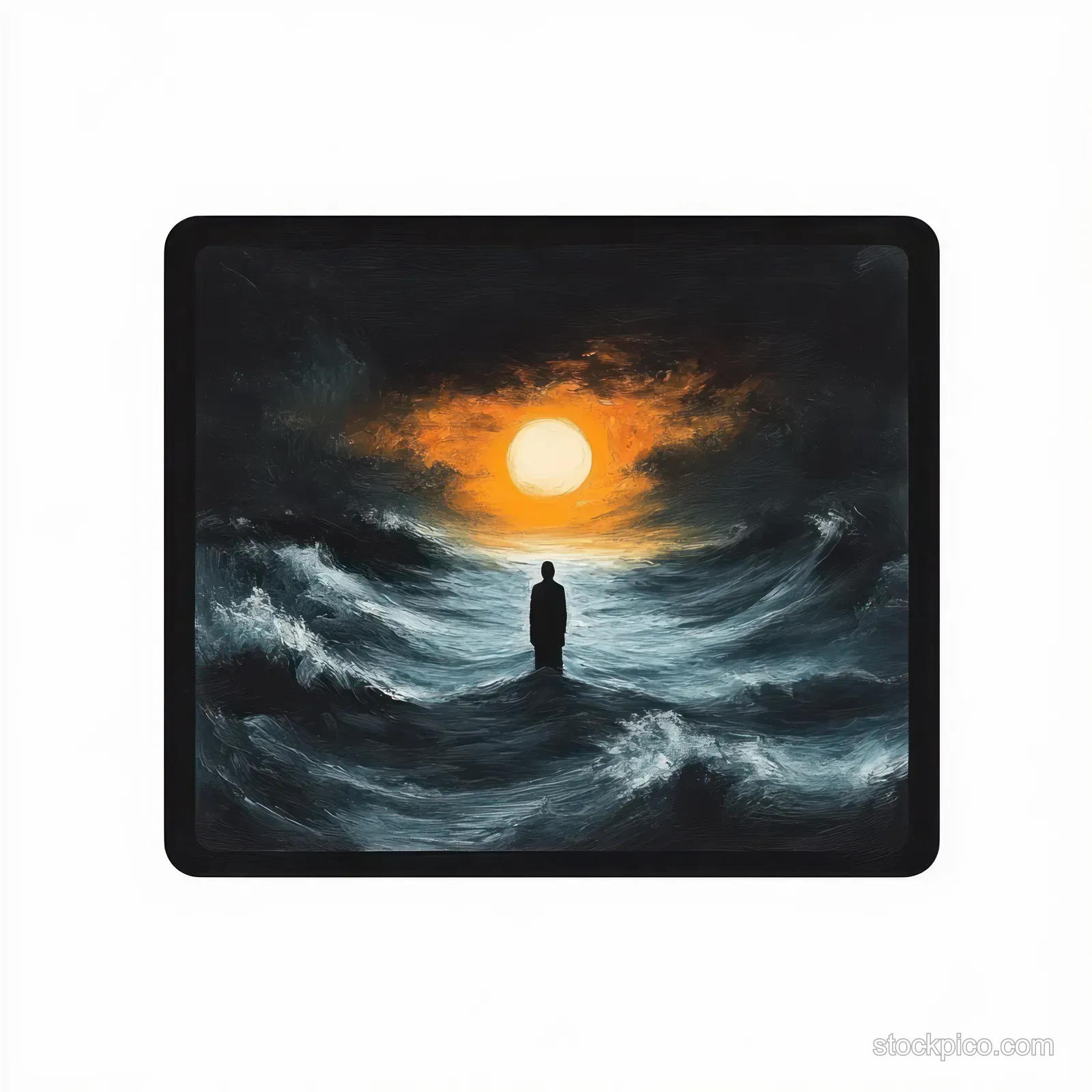 A solitary silhouette stands in dark churning waves beneath a glowing orange sun and storm clouds.