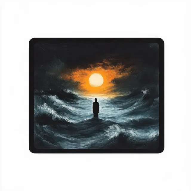 Silhouette person standing in rough dark ocean waves under glowing orange sun and storm clouds