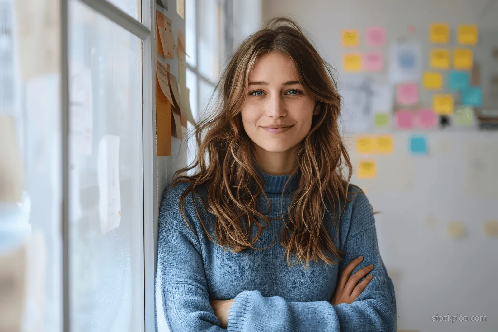 Smiling businesswoman in a blue sweater stands by an office window with arms crossed and sticky notes on the wall.