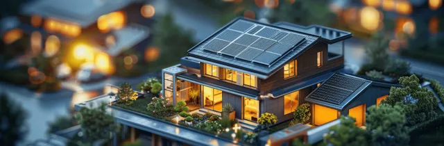 Isometric smart house with rooftop solar panels and visible battery storage glowing at evening.