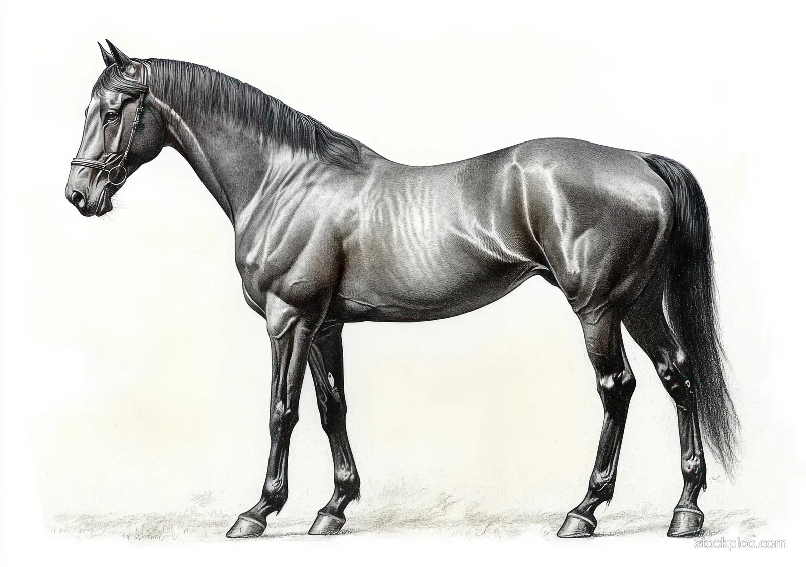 Monochrome pencil sketch of a standing horse with detailed mane, muscles, and soft graphite shadows.
