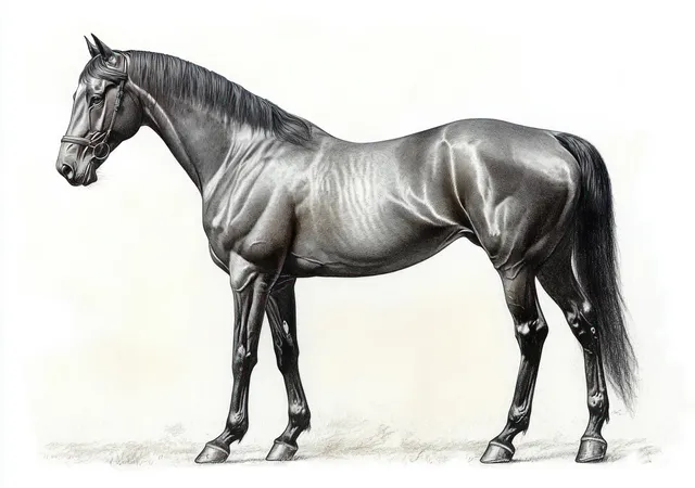 Monochrome pencil sketch of a standing horse with detailed mane, muscles, and soft graphite shadows.