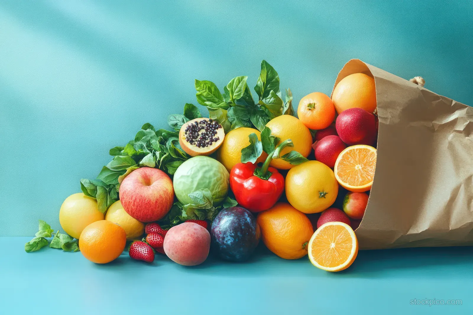 Fresh fruits and vegetables spill from a paper bag with citrus slices on a blue background.