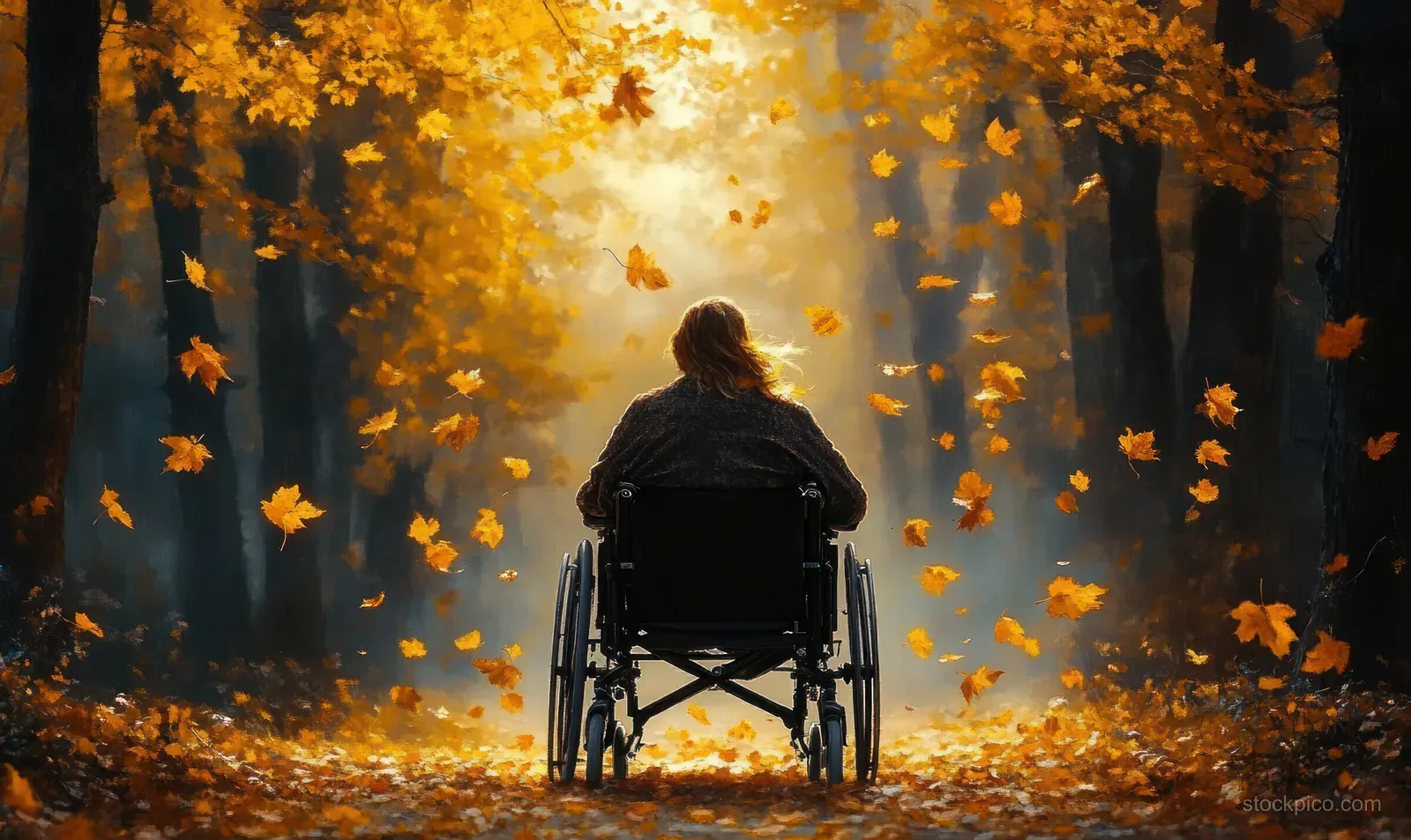 Person in a wheelchair seen from behind on an autumn forest path as golden leaves fall.