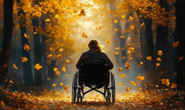 Person in wheelchair on autumn forest path as golden leaves fall around them