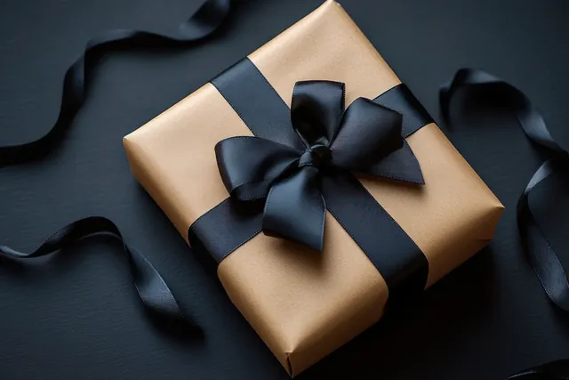 Kraft gift box with black ribbon bow resting on dark satin fabric backdrop