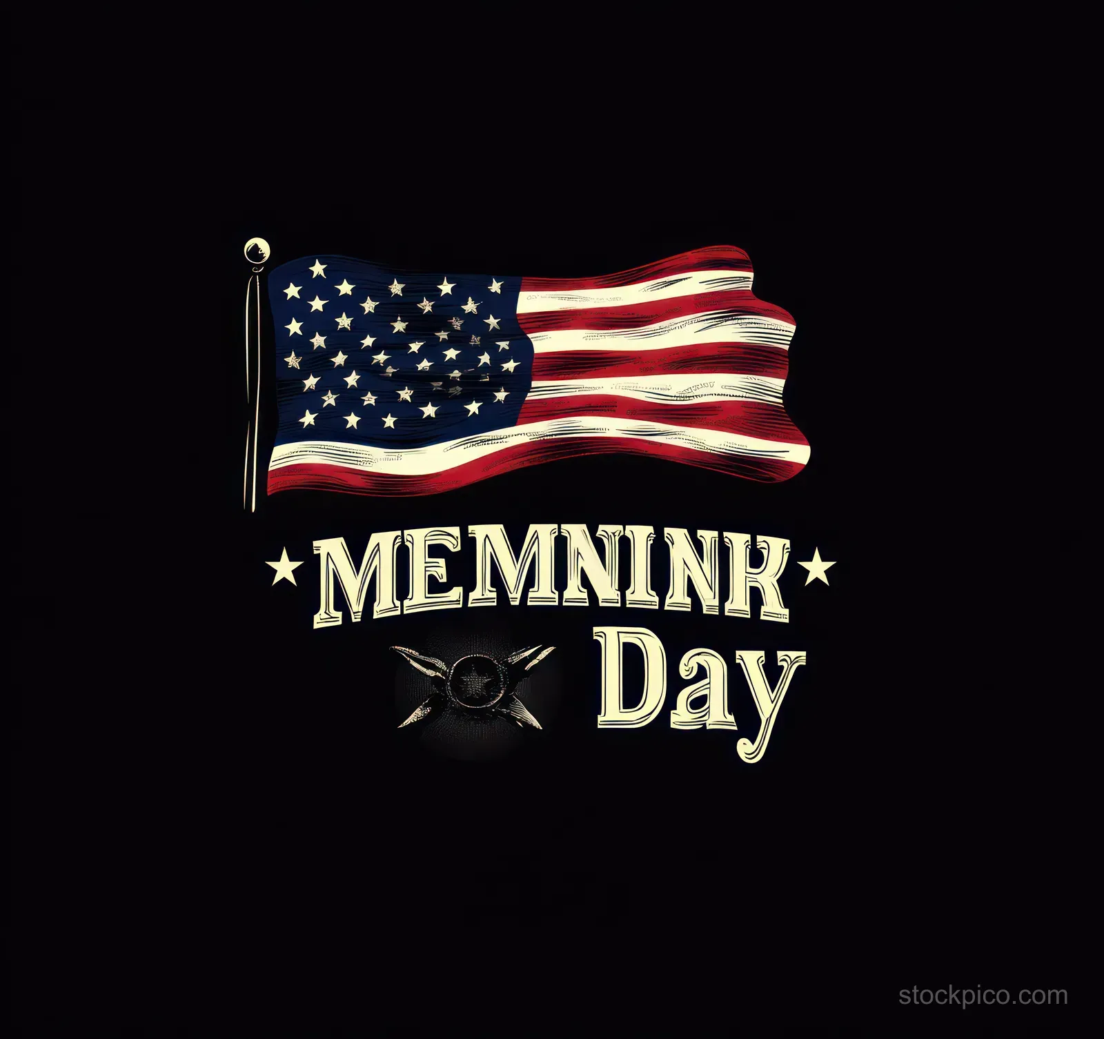 Waving American flag with star and stripes above Memnink Day stylized text on a black background.