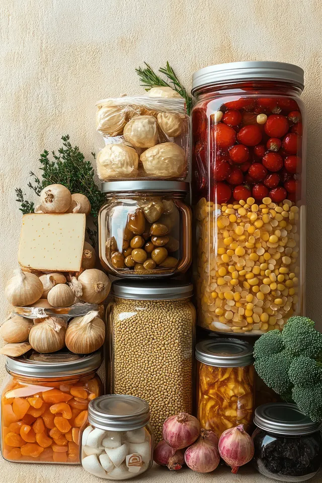 Glass jars of preserved vegetables and herbs sit beside fresh garlic and assorted produce on a rustic table.