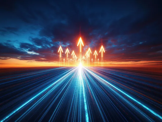 Luminous upward arrows rise above a glowing road under a dramatic sunset sky, symbolizing progress and hope.