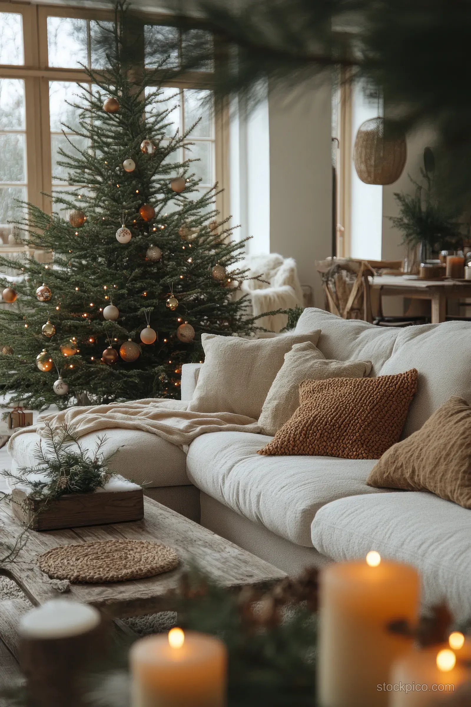 Warm candles glow on a wooden table while a minimalist Christmas tree stands in a cozy living room with soft blankets.