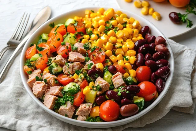 Colorful salad bowl on a light cloth with cherry tomatoes, corn, beans, cucumber, herbs, and cooked meat.