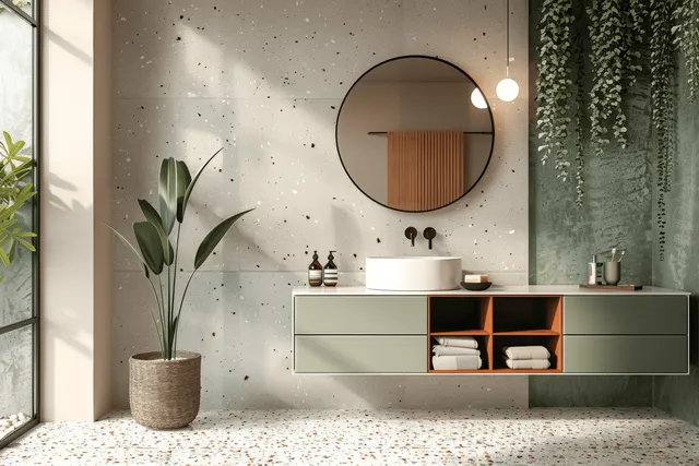 Contemporary bathroom with a circular mirror over a round sink, green drawers, potted plants, and terrazzo flooring.