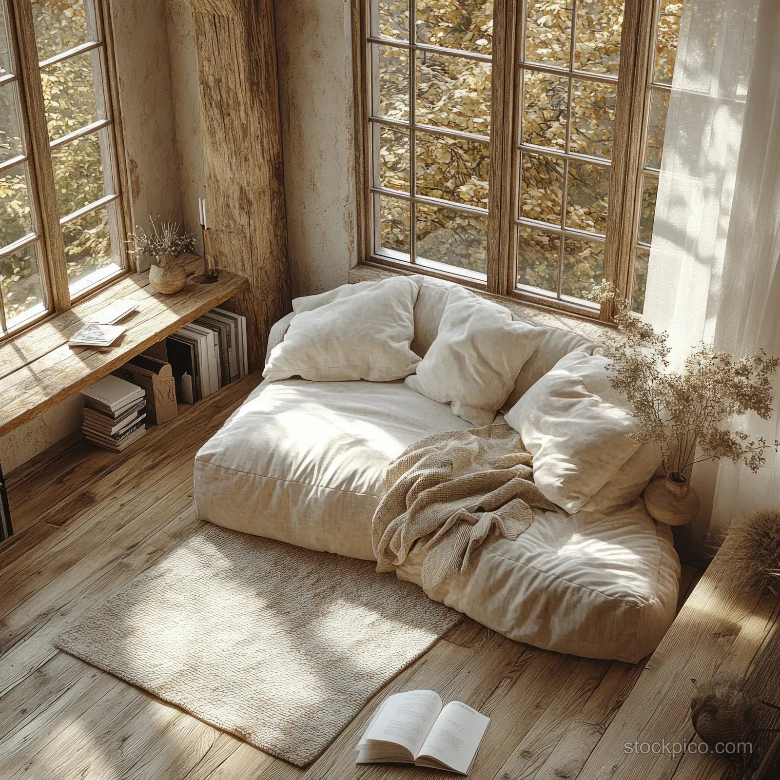Sunlit reading nook with open book on a wooden floor beside a cushioned seating area and tall windows.