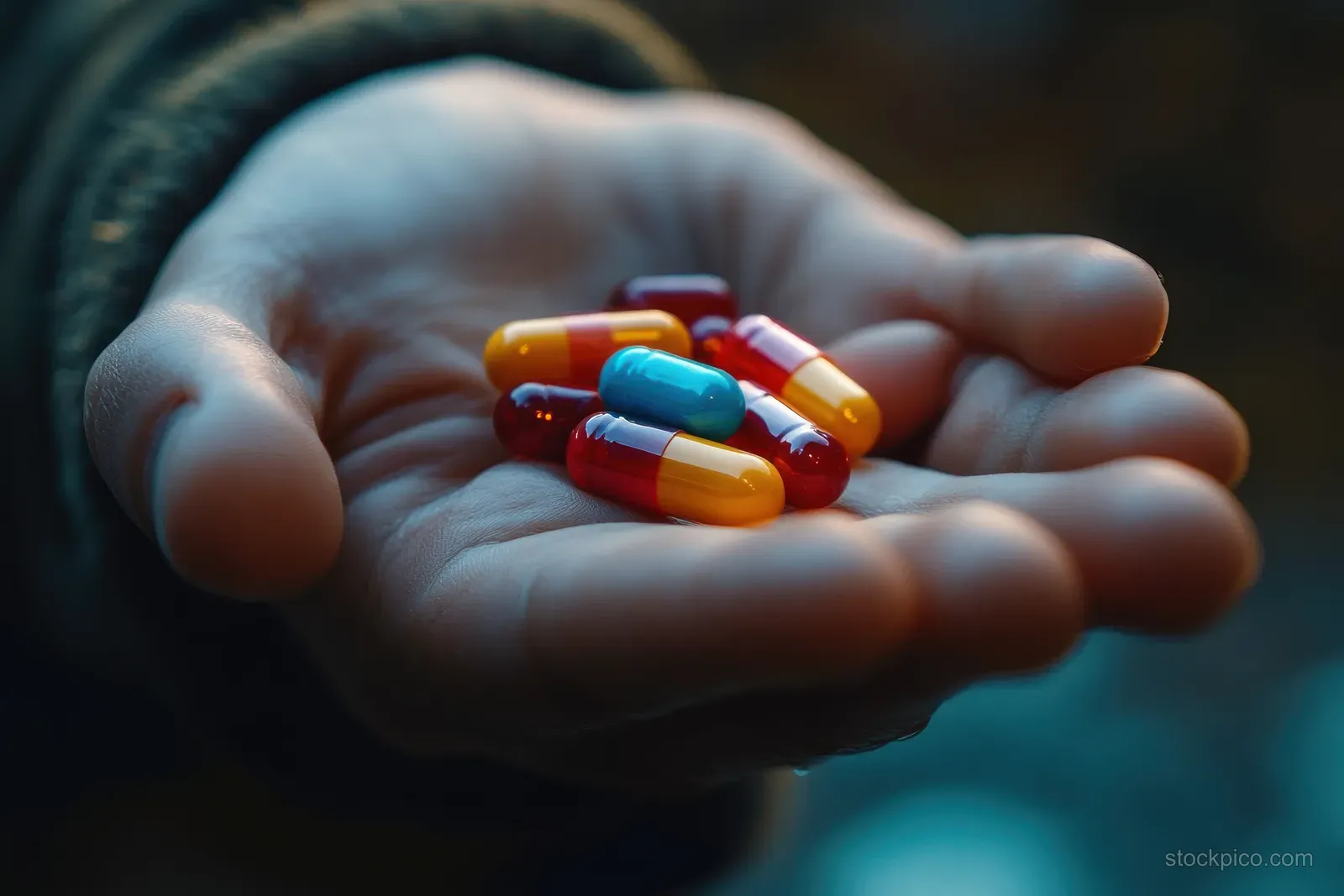 A hand holds red, yellow, and blue medication capsules in a close-up under soft natural light.