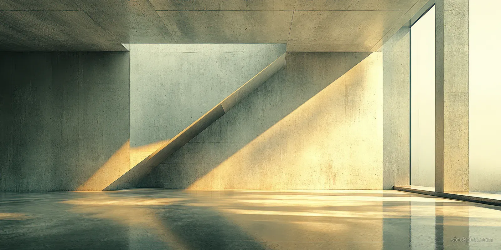 Minimalist concrete corridor with a doorway of bright daylight and long triangular shadows on a glossy floor.