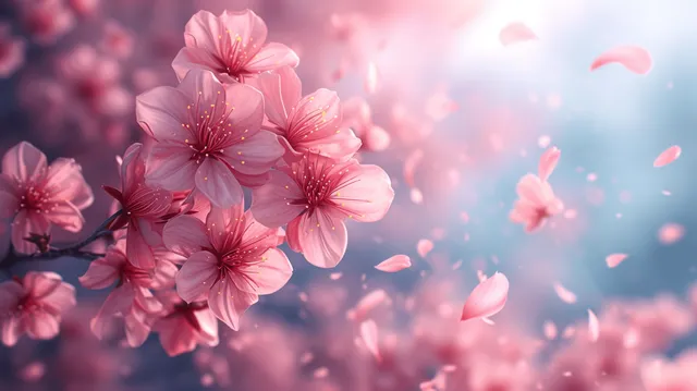 Cherry blossoms floating on a blue spring sky, soft petals drifting past-focus