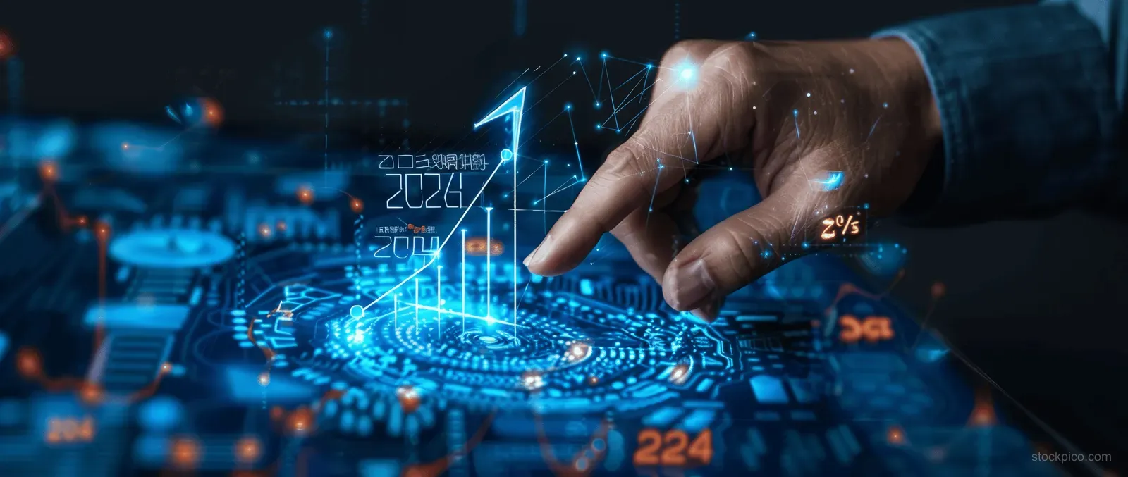A businessman hand points at holographic charts and percentage figures on a digital finance dashboard.