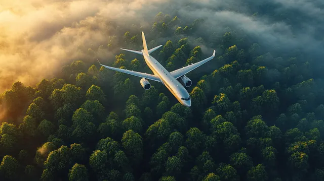 Airplane Flying Above Lush Rainforest Canopy at Sunrise