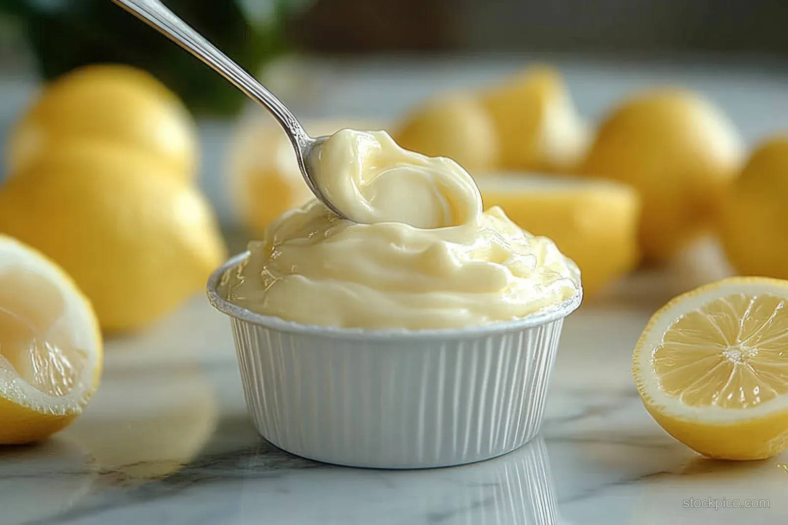 A spoon lifts creamy lemon curd from a white ramekin on marble, with whole and halved lemons nearby.