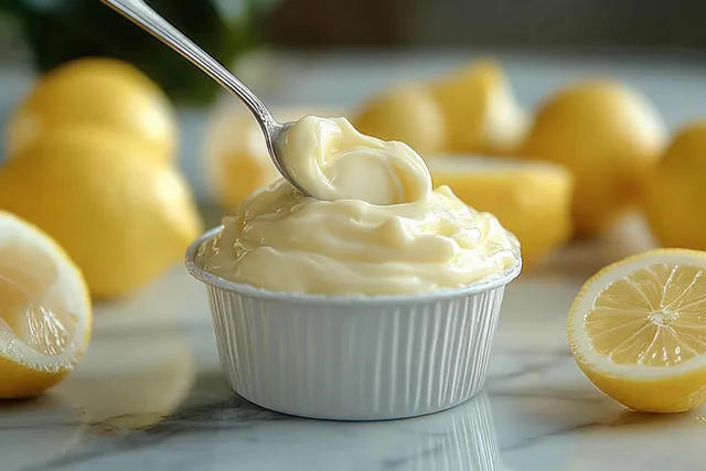 Spoonful of creamy lemon curd lifted over a white ramekin with fresh lemons