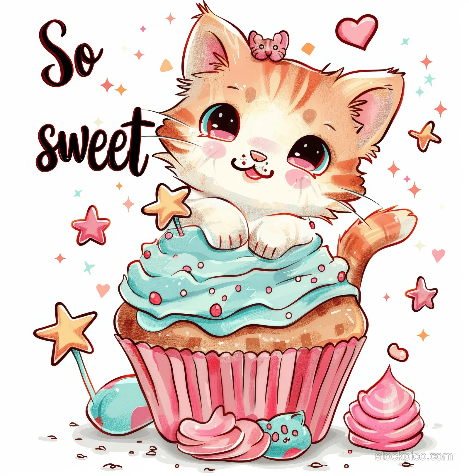 Kawaii cat hugging a pastel cupcake with frosting stars and sparkles on a white background.