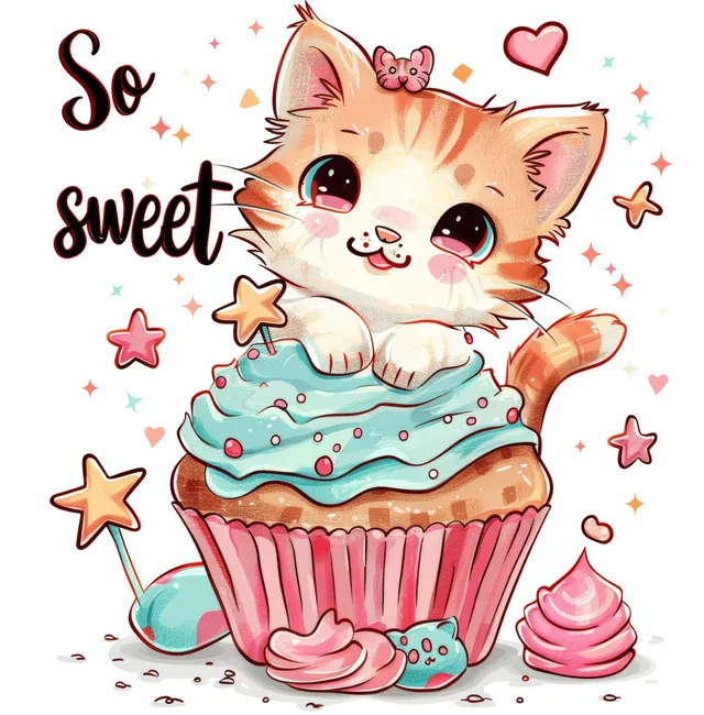 Kawaii cat hugging a pastel cupcake with frosting stars and sparkles on a white background.