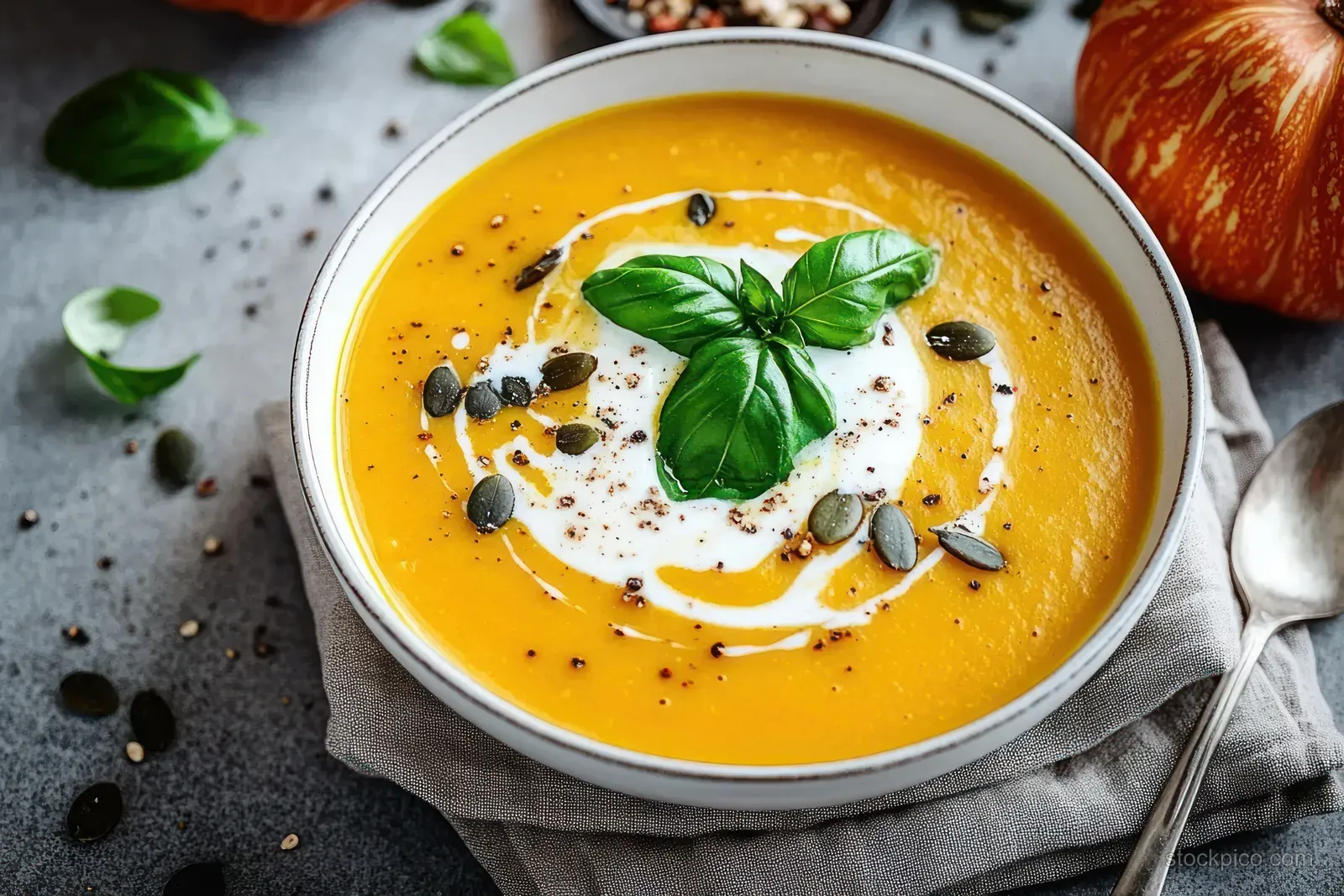 Creamy pumpkin soup in a bowl with basil, pumpkin seeds, and a cream swirl on grey cloth, with whole pumpkins nearby.
