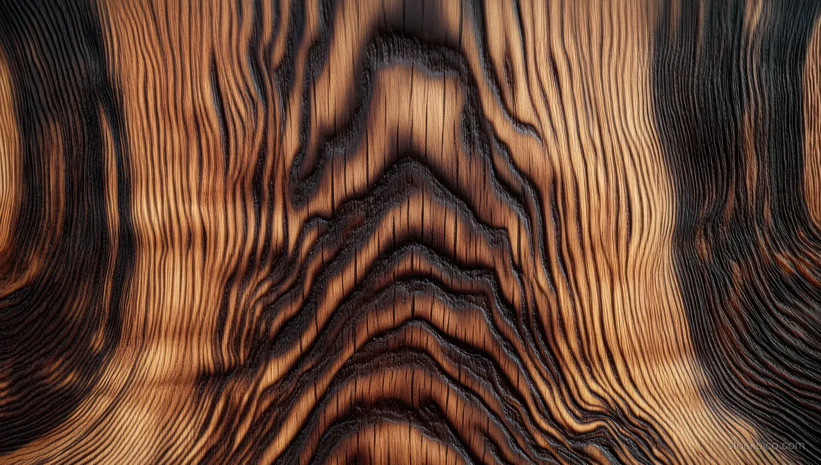Close-up of flowing wood grain lines with layered dark and light brown tones on a timber surface.