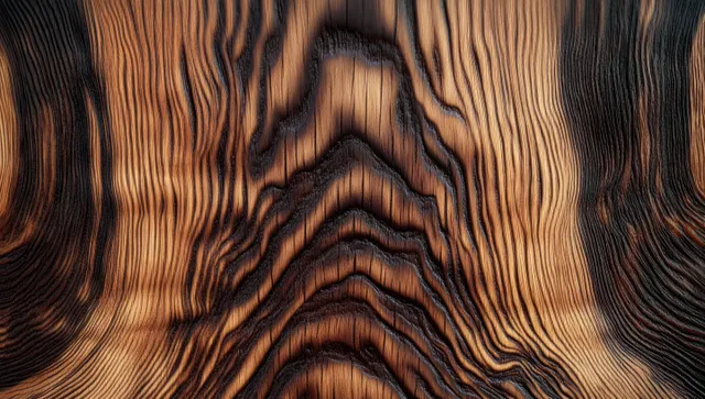 Close-up wood grain texture with flowing lines and layered brown rings on timber surface