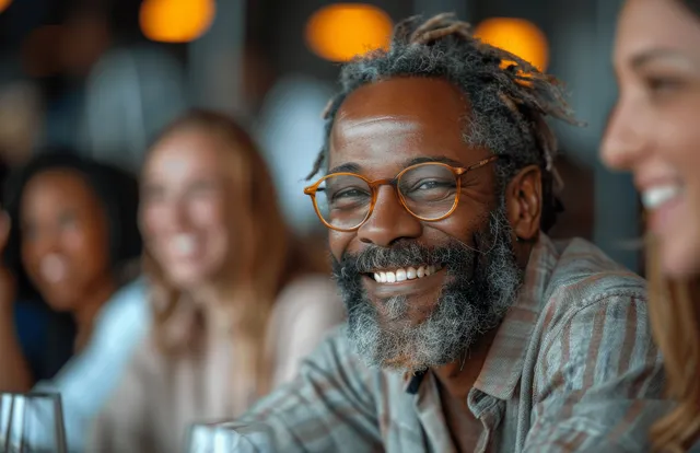 Diverse coworkers laugh and talk during a business meeting in a softly lit office with blurred faces in the foreground.