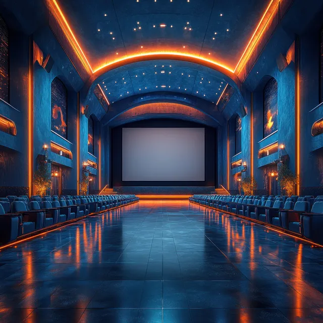 Empty cinema hall at night with a lit blank screen, dark seats, and reflected aisle lights on the floor.