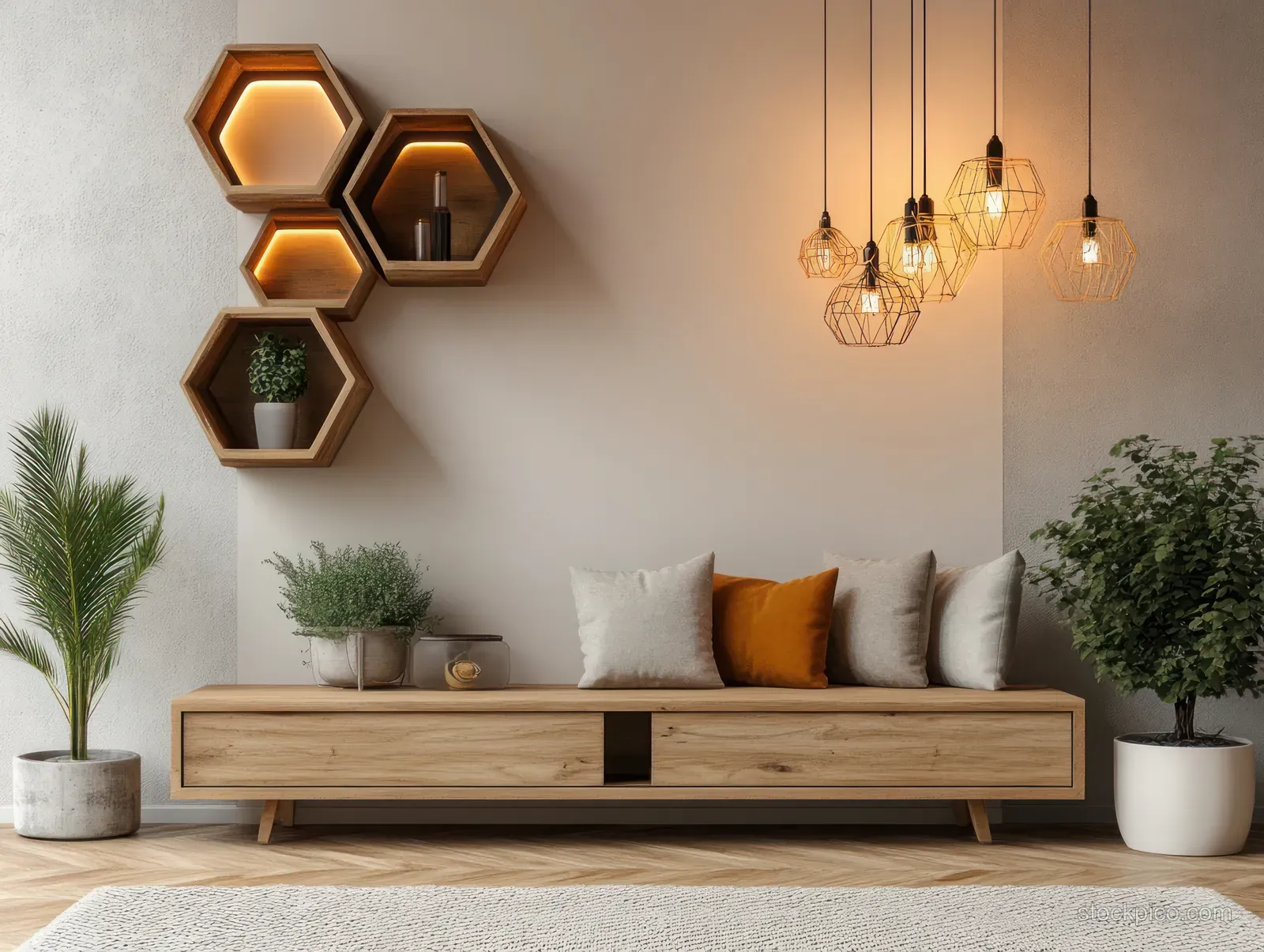 Minimal Scandinavian living room with hexagonal wall shelves, warm pendant lights, and a wooden sofa against a neutral wall.