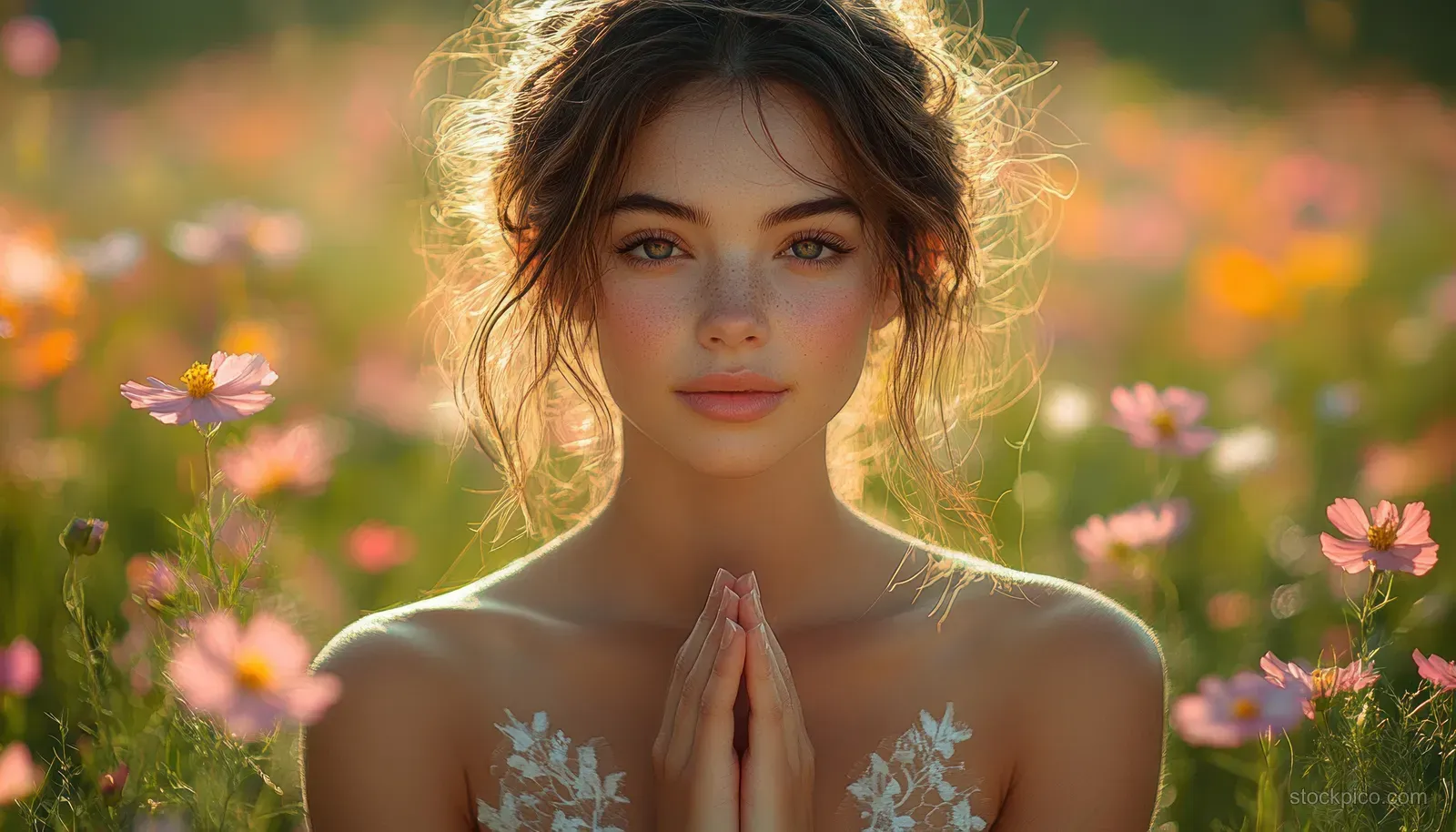 A young woman stands praying with hands together in a blooming flower field at golden hour.