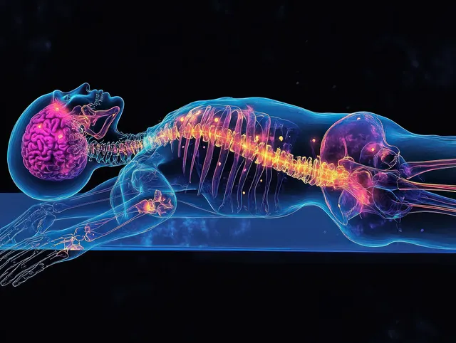 Sleeping woman illustration with glowing X-ray brain and spine over dark blue bed